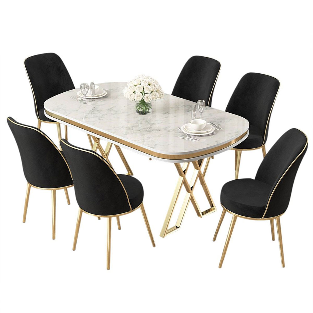 Lai White Lacquer Panel Dining Table with 6 Fabric Black Chairs in Gold