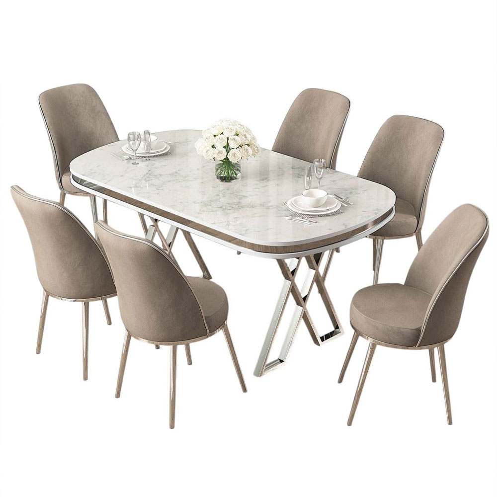 Lai White Lacquer Panel Dining Table with 6 Fabric Cappuccino Chairs in Chrome