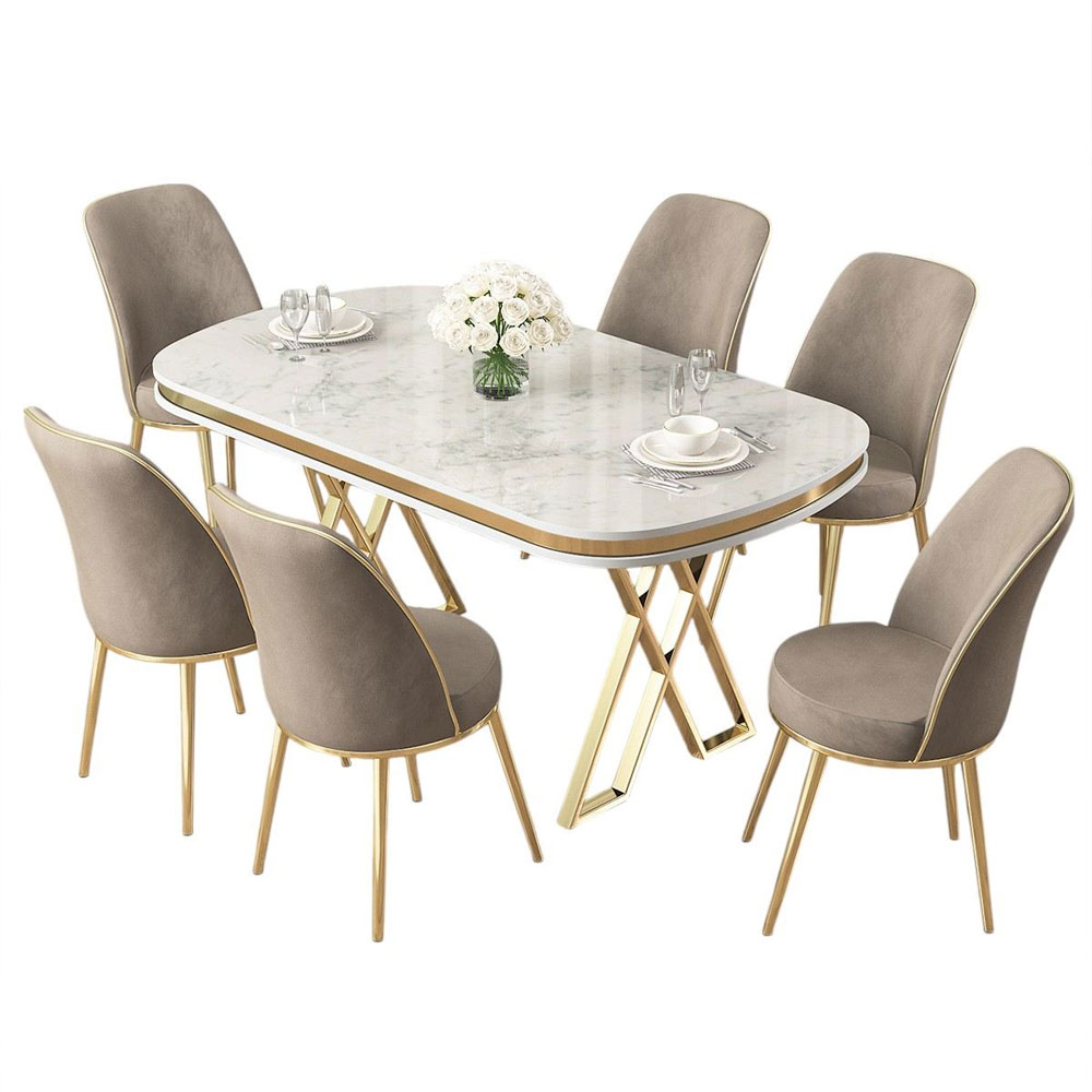 Lai White Lacquer Panel Dining Table with 6 Fabric Cappuccino Chairs in Gold