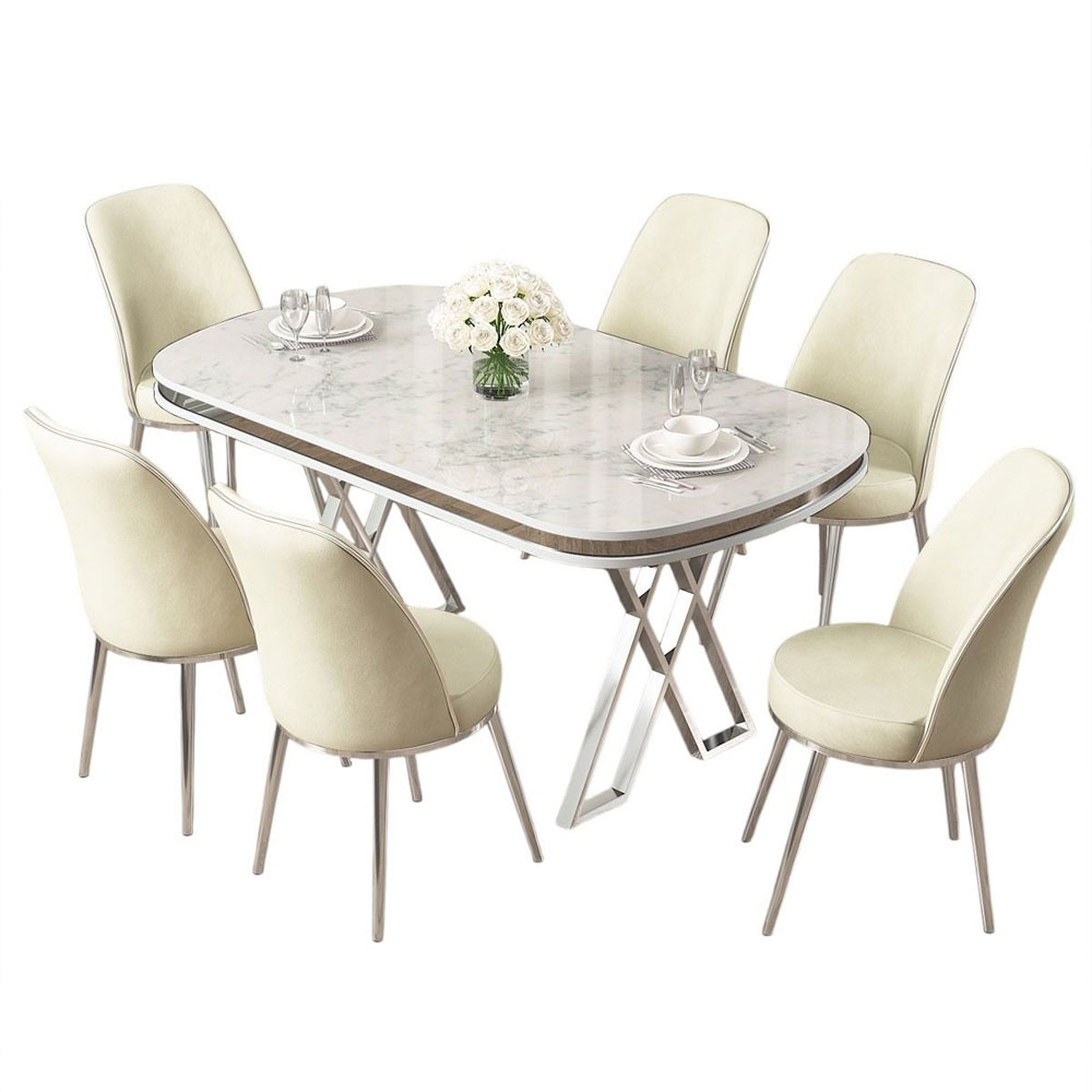 Lai White Lacquer Panel Dining Table with 6 Fabric Cream Chairs in Chrome
