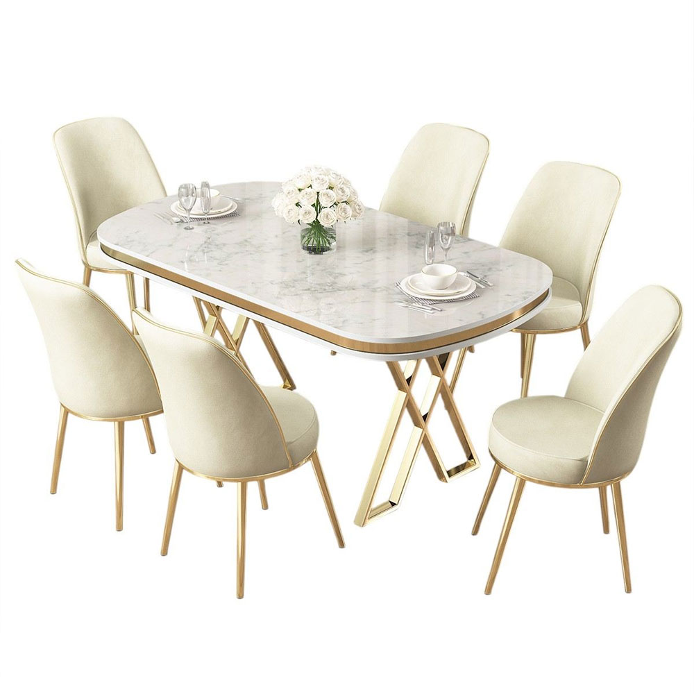 Lai White Lacquer Panel Dining Table with 6 Fabric Cream Chairs in Gold