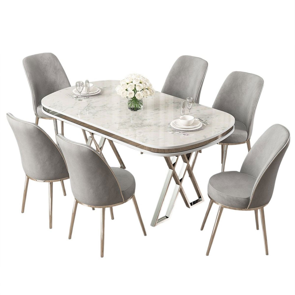 Lai White Lacquer Panel Dining Table with 6 Fabric Grey Chairs in Chrome