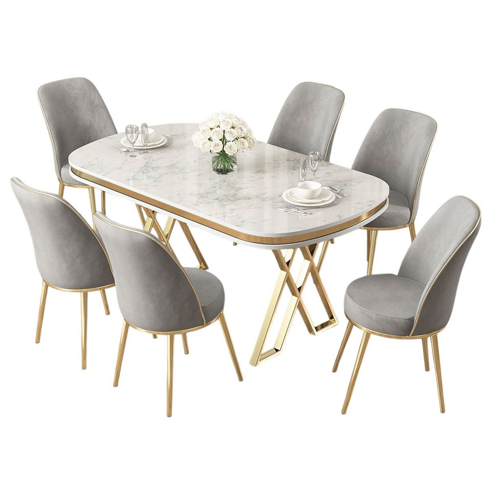 Lai White Lacquer Panel Dining Table with 6 Fabric Grey Chairs in Gold