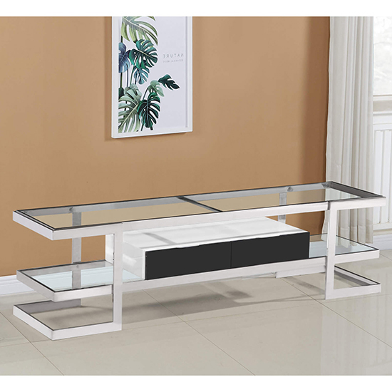 Laird Clear Glass TV Stand With White High Gloss Drawer