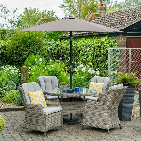 Photo of Laith outdoor 4 seater dining set with parasol in wheat