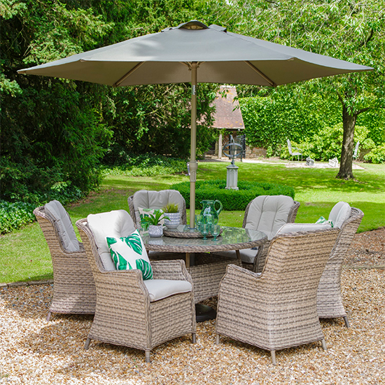 Product photograph of Laith Outdoor 6 Seater Dining Set With Parasol In Wheat from Furniture in Fashion