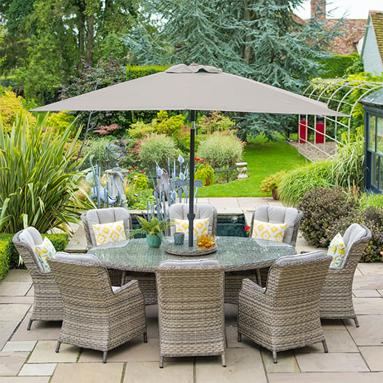Product photograph of Laith Outdoor Oval 8 Seater Dining Set With Parasol In Wheat from Furniture in Fashion
