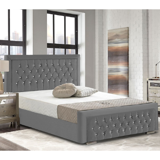 Lajatico Plush Velvet Upholstered Small Double Bed In Grey FiF