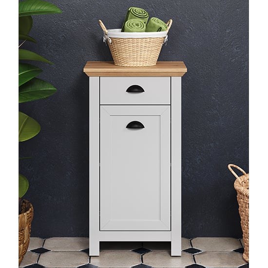 Photo of Lajos wooden bathroom floor storage cabinet in light grey