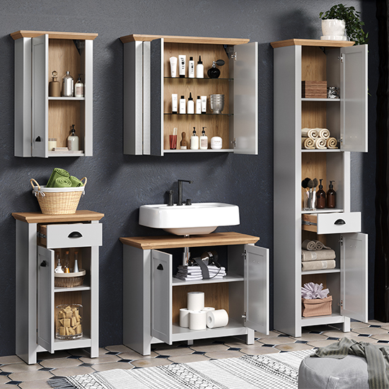 Lajos Wooden Bathroom Furniture Set In Light Grey With LED | Furniture ...