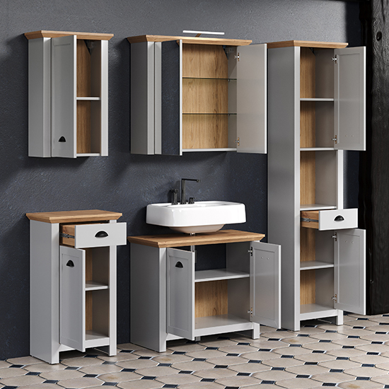 Lajos Wooden Bathroom Furniture Set In Light Grey With LED_4