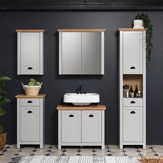 Lajos Wooden Bathroom Furniture Set In Light Grey With LED