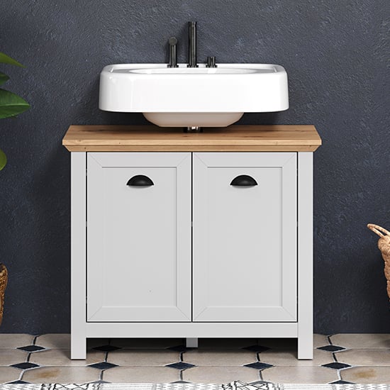 Photo of Lajos wooden bathroom sink vanity unit in light grey