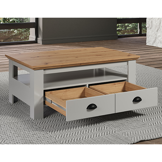 Lajos Wooden Coffee Table In Light Grey And Artisan Oak Furniture in
