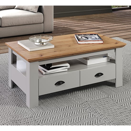 Read more about Lajos wooden coffee table in light grey and artisan oak