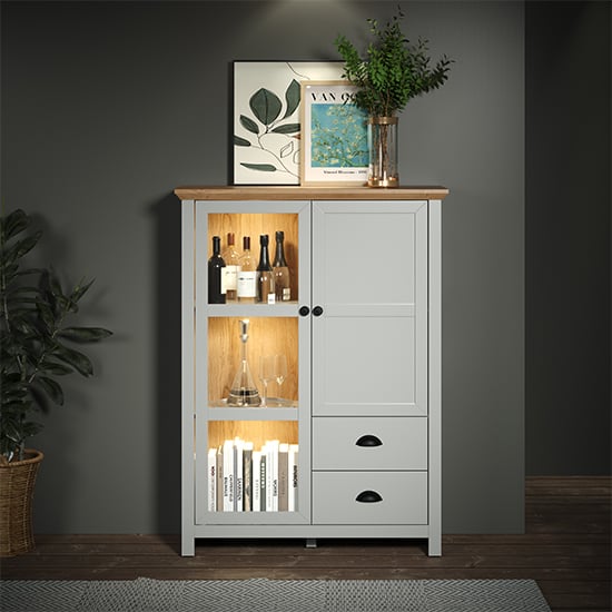 Read more about Lajos wooden display cabinet in light grey and artisan oak with led