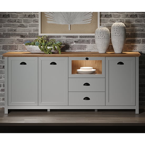 Photo of Lajos wooden large sideboard in light grey with led lights