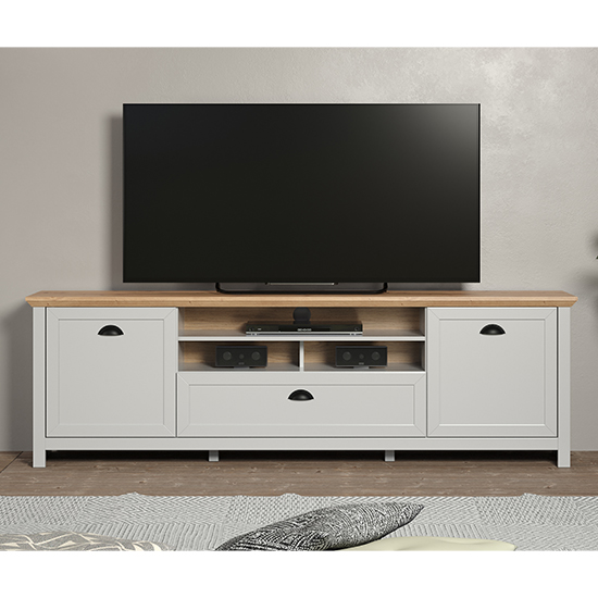 Lajos Wooden Large TV Stand In Light Grey With LED Lights Furniture