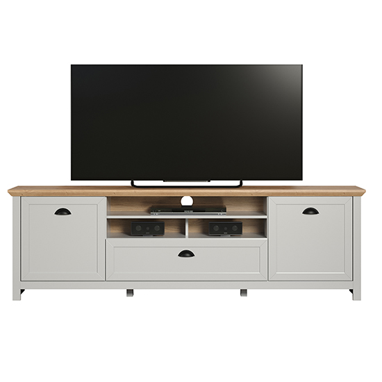 Lajos Wooden Large TV Stand In Light Grey With LED Lights Furniture