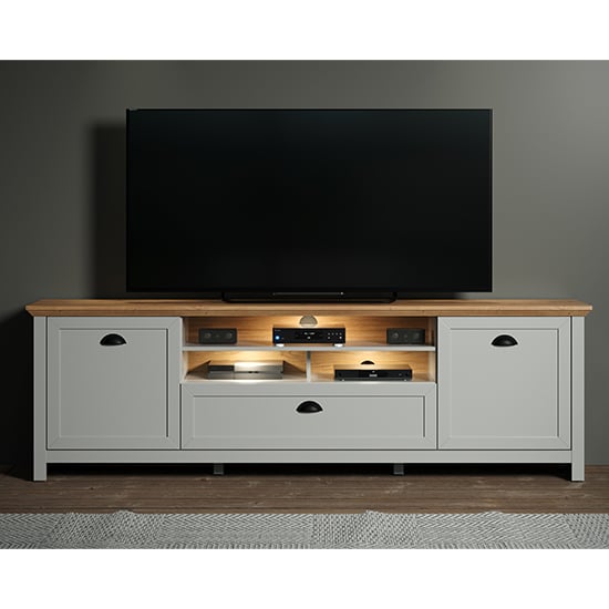 Read more about Lajos wooden large tv stand in light grey with led lights