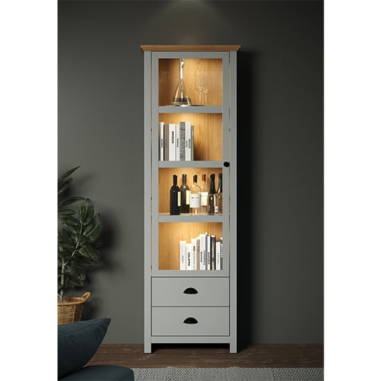 Photo of Lajos wooden narrow display cabinet in light grey with led