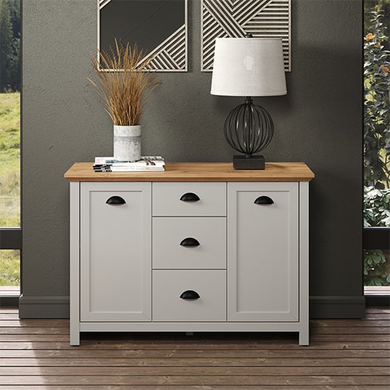 Photo of Lajos wooden small sideboard in light grey and artisan oak