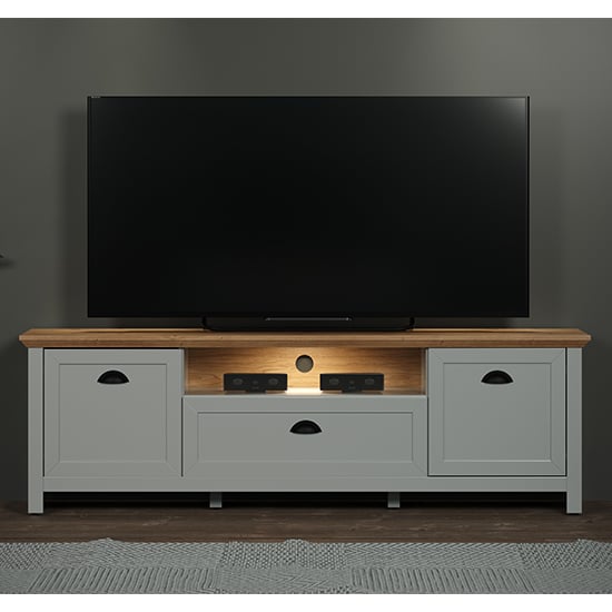 Photo of Lajos wooden small tv stand in light grey with led lights