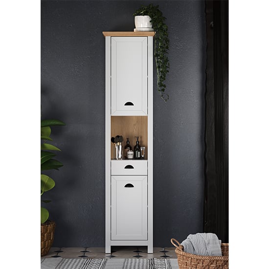 Photo of Lajos wooden tall bathroom storage cabinet in light grey