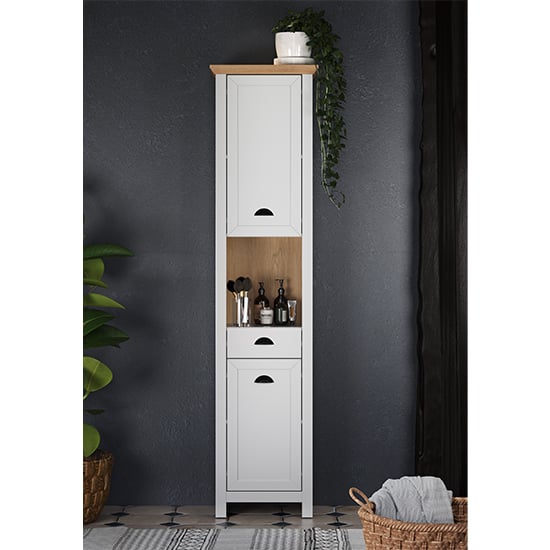 Lajos Wooden Tall Bathroom Storage In Light Grey Furniture in
