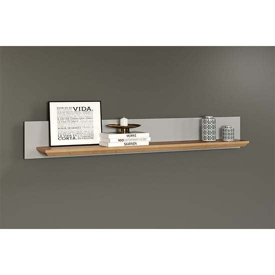 Product photograph of Lajos Wooden Wall Shelf In Light Grey And Artisan Oak from Furniture in Fashion