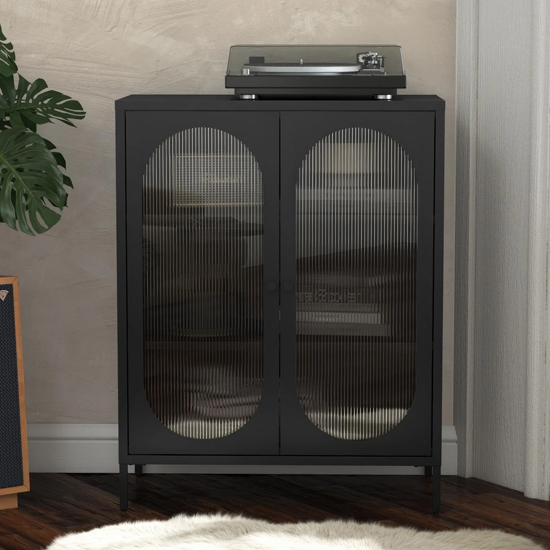 Lakes Metal Storage Cabinet 2 Fluted Glass Doors In Black