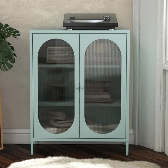 Lakes Metal Storage Cabinet 2 Fluted Glass Doors In Sky Blue