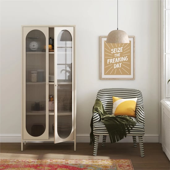 Lakes Metal Storage Cabinet Tall 2 Fluted Glass Doors In Parchment