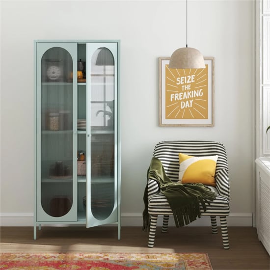 Lakes Metal Storage Cabinet Tall 2 Fluted Glass Doors In Sky Blue