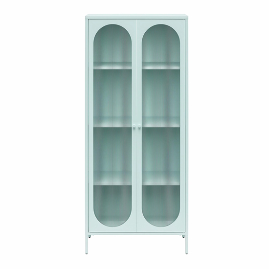 Lakes Metal Storage Cabinet Tall 2 Fluted Glass Doors In Sky Blue