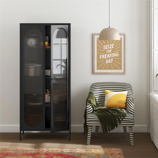 Lakes Metal Storage Cabinet Tall 2 Fluted Glass Doors In Black