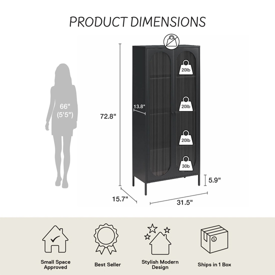 Lakes Metal Storage Cabinet Tall 2 Fluted Glass Doors In Black