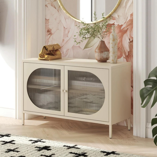 Lakes Metal Storage Cabinet Wide 2 Fluted Glass Doors In Parchment