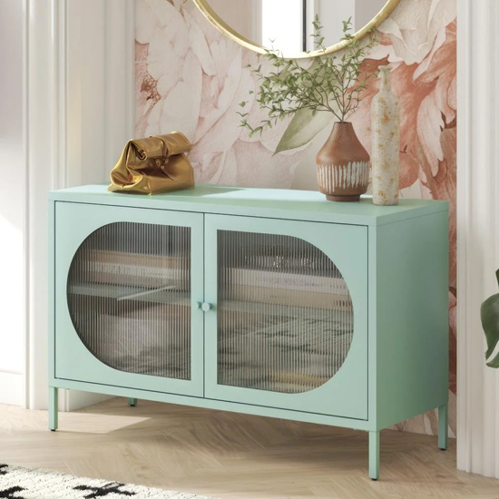 Lakes Metal Storage Cabinet Wide 2 Fluted Glass Doors In Sky Blue