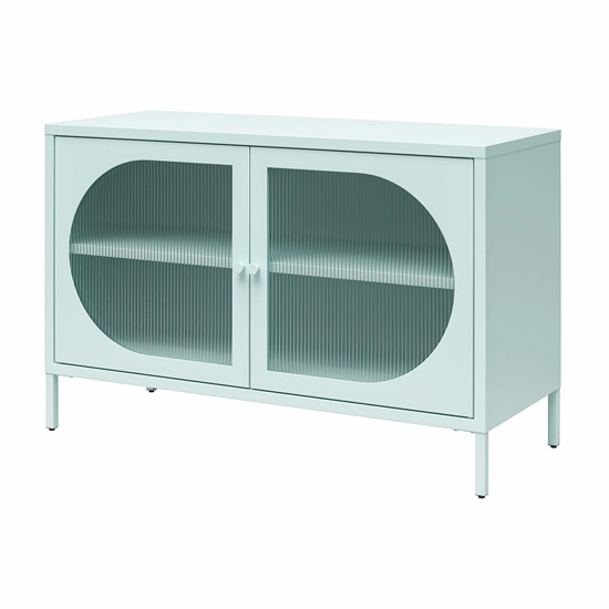 Lakes Metal Storage Cabinet Wide 2 Fluted Glass Doors In Sky Blue