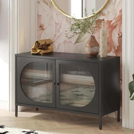 Lakes Metal Storage Cabinet Wide 2 Fluted Glass Doors In Black