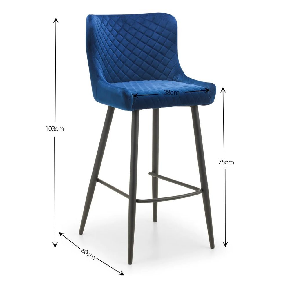Lakia Blue Velvet Bar Stools With Black Legs - Pair