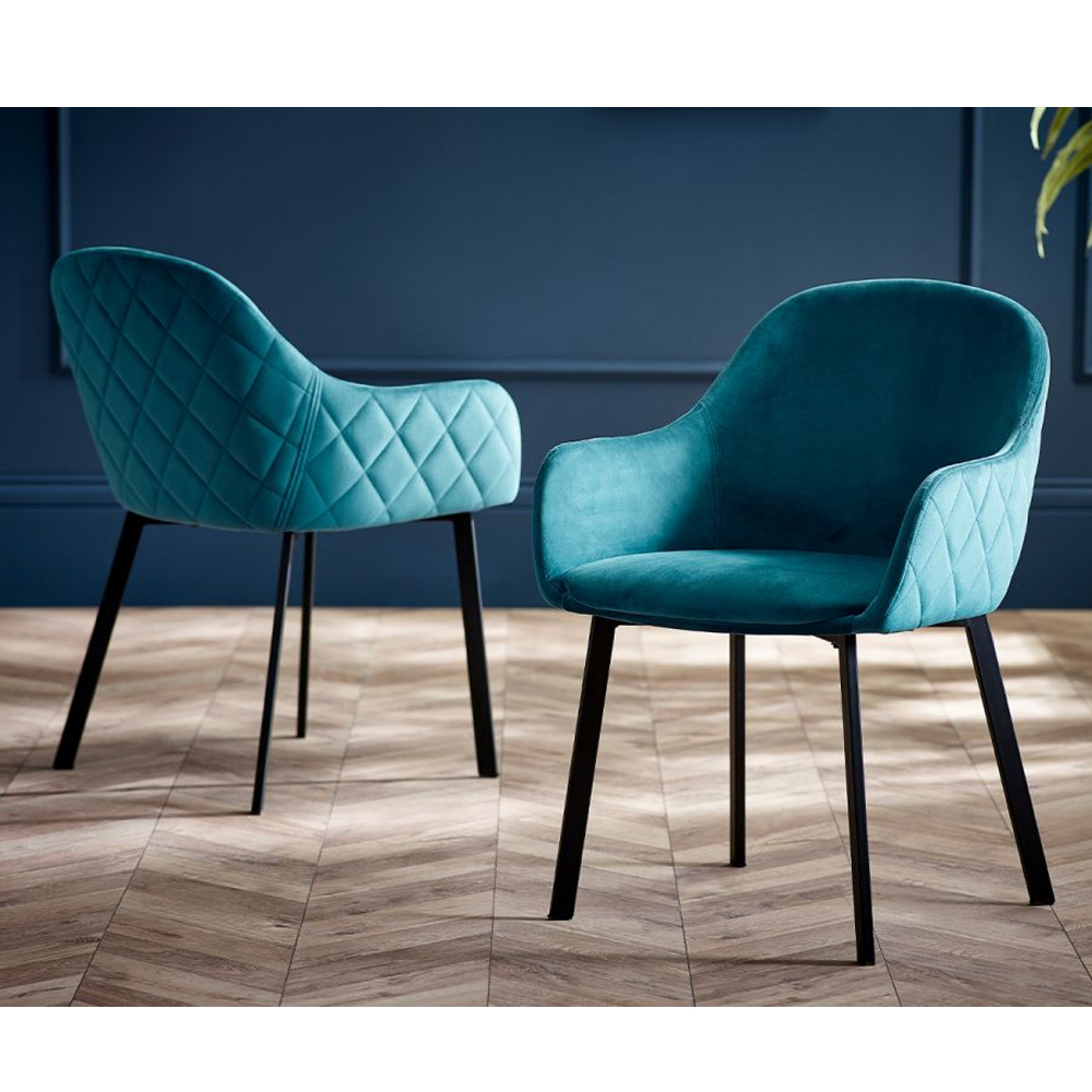Lamar Teal Velvet Dining Chairs With Black Legs In Pair Furniture in