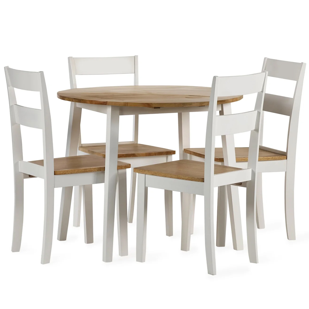 Lamar White Oak Wooden Round Drop Leaf Dining Table With 4 Chairs