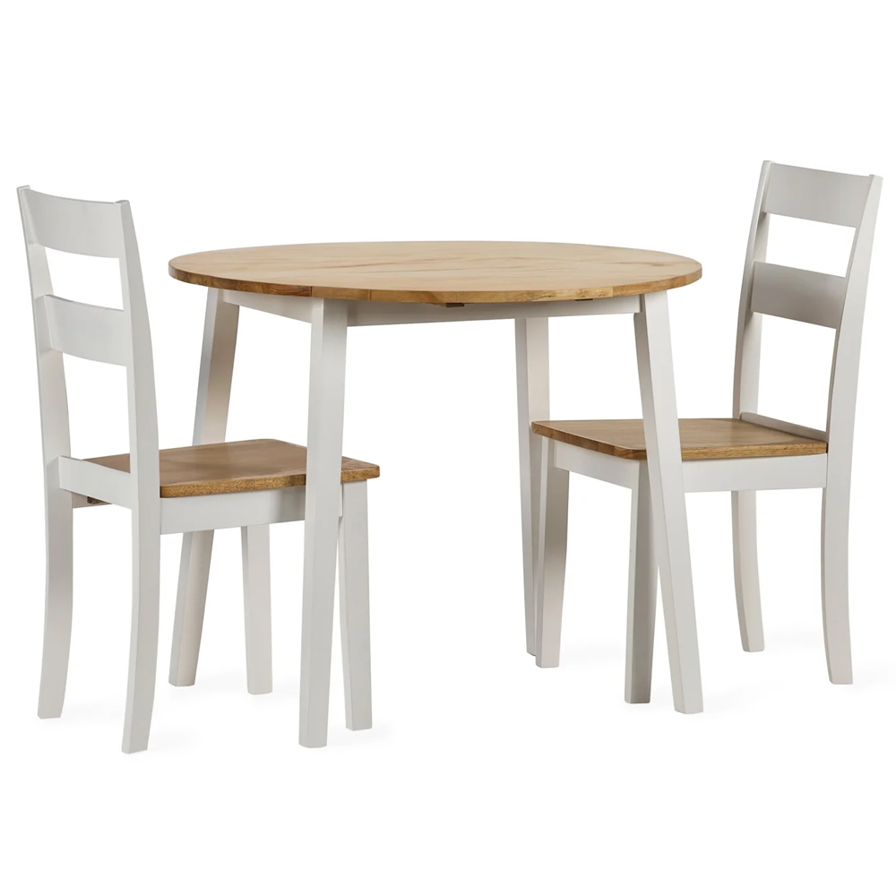 Lamar White Oak Wooden Round Drop Leaf Dining Table With 2 Chairs