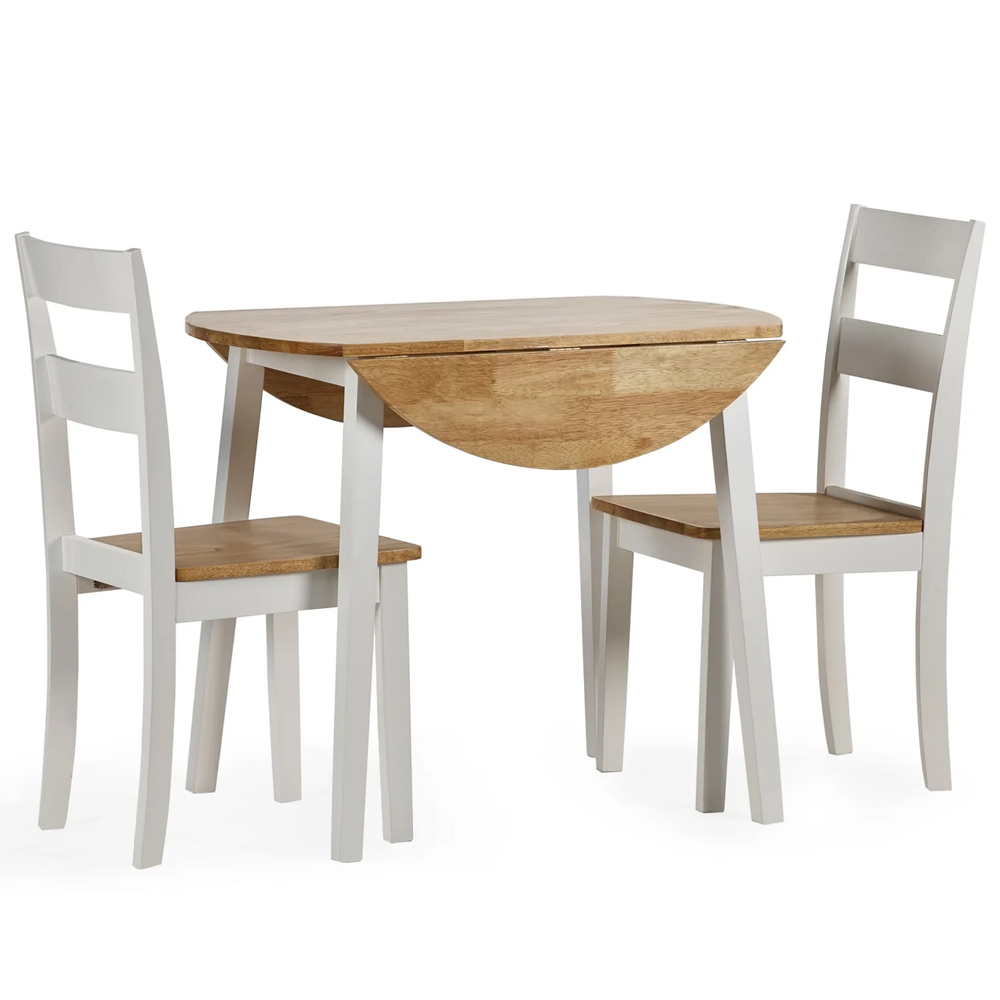 Lamar White Oak Wooden Round Drop Leaf Dining Table With 2 Chairs