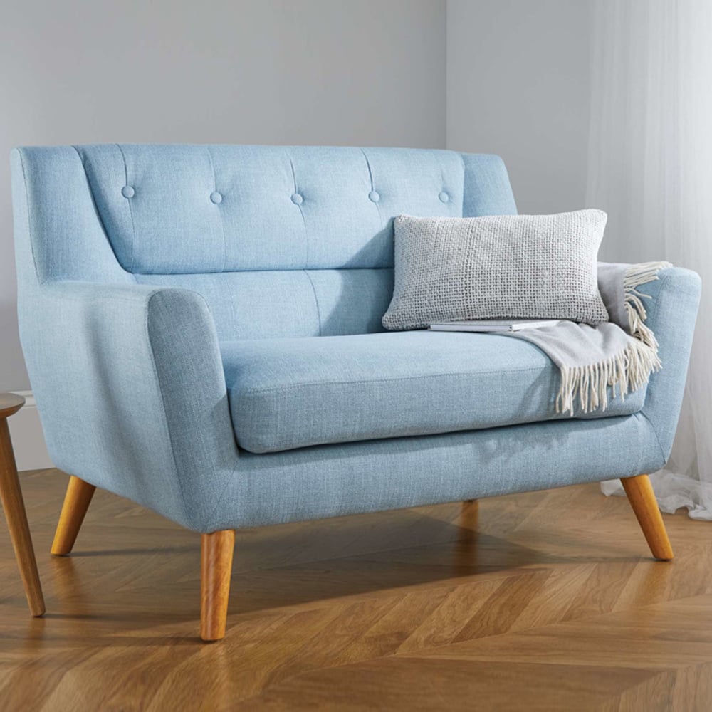 Lambda Fabric 2 Seater Sofa With Oak Legs In Duck Egg Blue