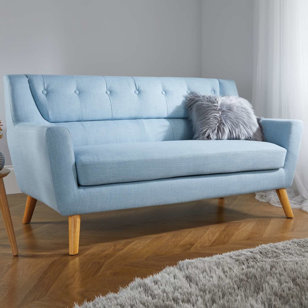 Lambda Fabric 3 Seater Sofa With Oak Legs In Duck Egg Blue