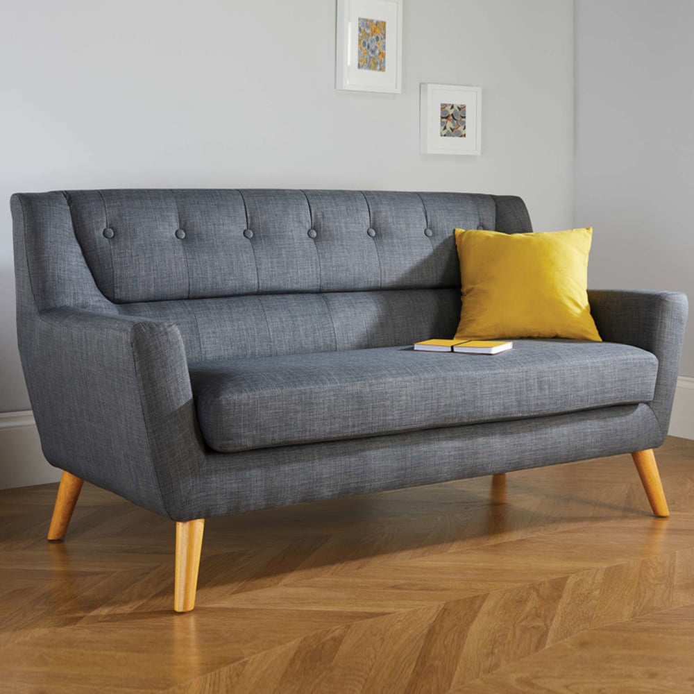 Lambda Fabric 3 Seater Sofa With Oak Legs In Grey