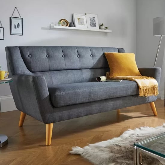 Lambda Fabric 3 Seater Sofa With Wooden Legs In Grey